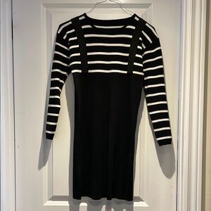 Black and White Striped Knit Dress with 3/4 sleeves and faux-overall styling